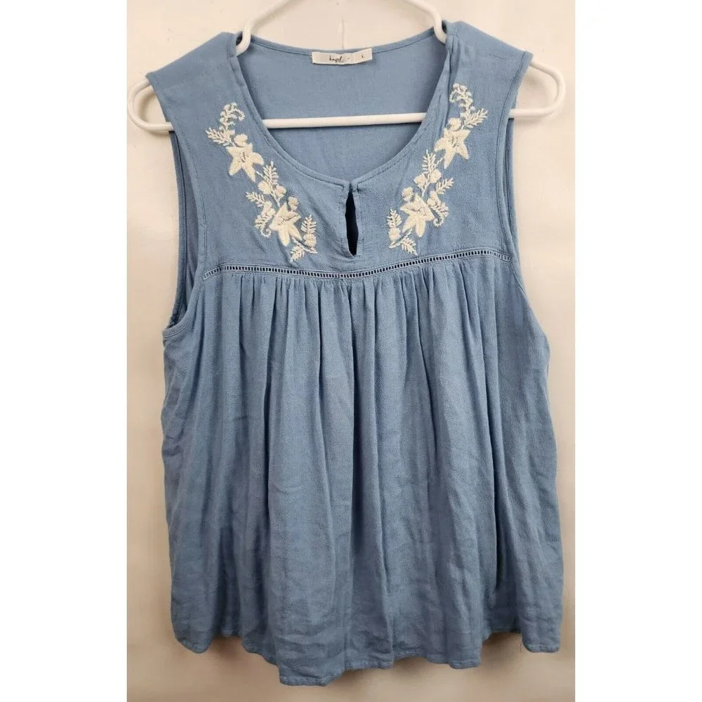 Anthropologie Hazel Blue Embroidered BOHO Peasant Sleeveless Top Large - Picture 1 of 8